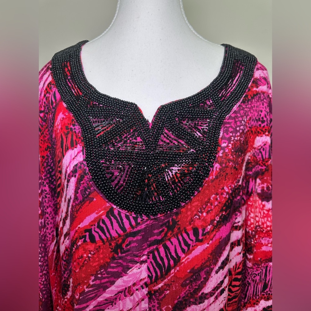 Swimsuits For All Beaded Caftan MuMu Cover Up Pink Red Purple Print 18/20 2XL - Picture 4 of 13